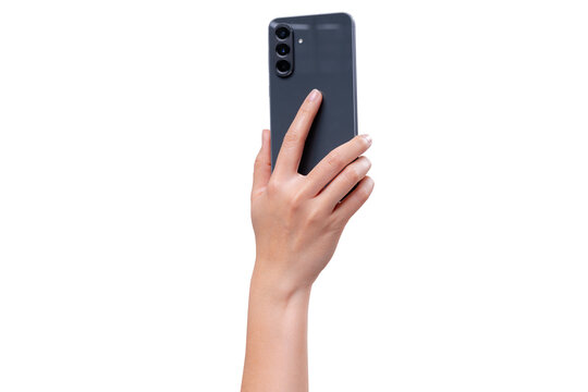 back of a hand holding a dark gray smartphone, separated from isolated on a transparent background It's suitable for use in advertising and technology concepts.