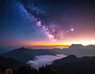 Fototapeta premium Spectacular Milky Way Arching Over Mountain Peaks and a Sea of Clouds at Dawn