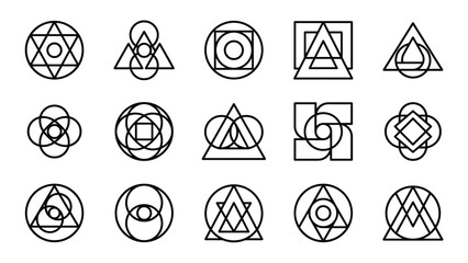 Set of 15 Abstract Geometric Line Art Icons and Logos Featuring Minimalist Shapes Like Circles, Triangles, and Squares in a Clean Grid Layout for Branding, Identity, and Modern Graphic Design.