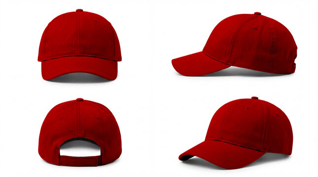 Red baseball cap mockup set displaying front view, back view, left side view and perspective angle, bold unbranded headwear isolated on white background, ideal for advertising visuals, fashion brandin