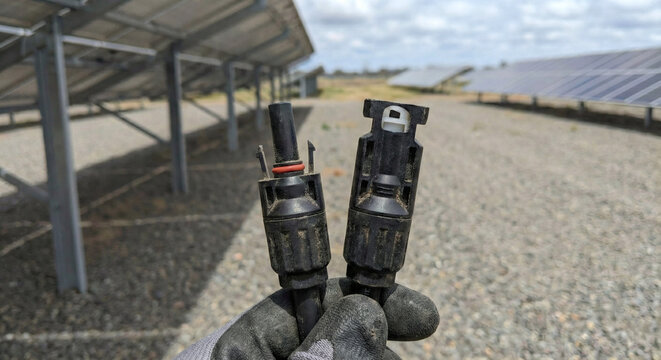Black MC4 photovoltaic solar connectors close up on solar farm background