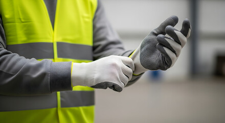 Worker putting on safety gloves with high visibility vest in warehouse