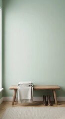 Empty Sage Green Wall Mockup above Wooden Bench