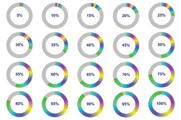 circular progress ring chart set showing percentage values from five to one hundred for modern analytics dashboard ui infographic design