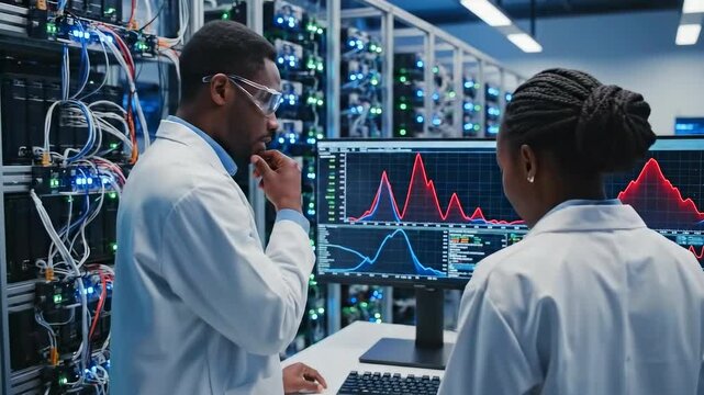 two scientists in lab coats studying realtime data graphs on a monitor beside server racks - pointing at spikes and discussing anomaly detection and experiment results focused research
