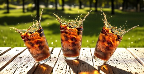 Refreshing cola drinks with ice splashing dramatically in glasses on a rustic wooden table outdoors on a sunny day