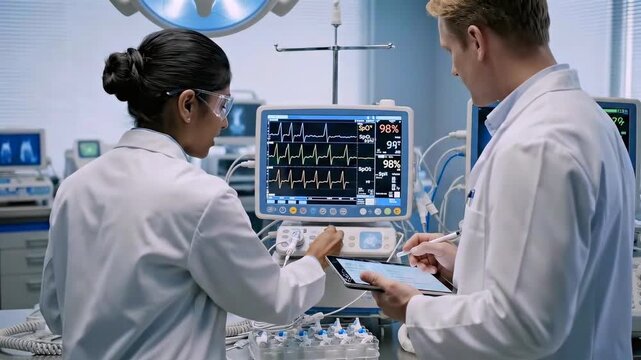 clinicians calibrating patient monitor and ventilator with ecg waveform display - alarm testing - bedside console - tablet documentation - tubing checks - life support readiness