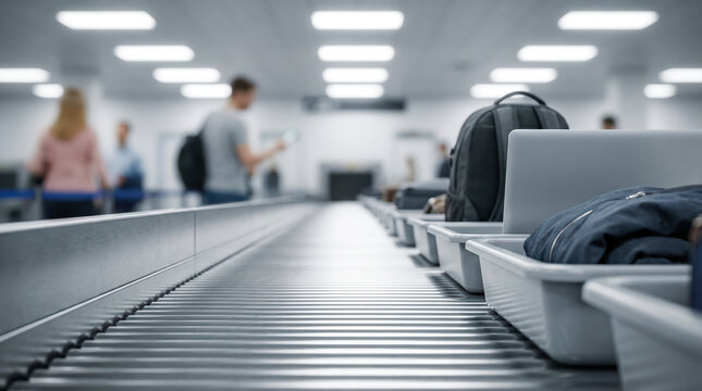 Travelers prepare for security check at airport during busy period with many bags and personal items on conveyor belt for inspection