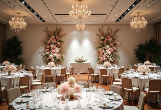 Corporate event floral decoration with neutral flowers, modern professional style