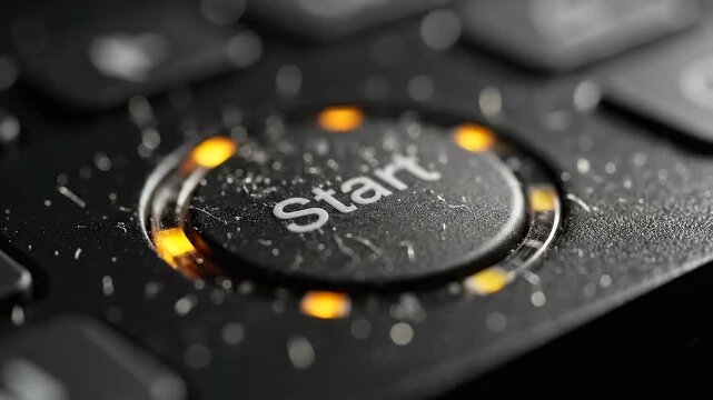 Closeup start button on keyboard - glowing amber halo - dust particles on glossy ring - black textured keys - shallow depth of field - studio lighting - tech startup ambience - futuristic control