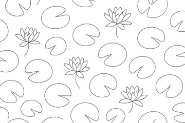 Simple line drawings of water lilies and lily pads create a repeating pattern on a white background found in a design