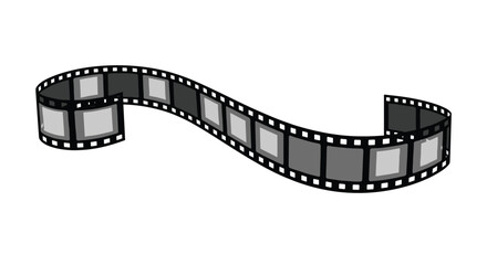 A wavy strip of black and white film with visible frames, isolated on a white background, symbolizing cinema, photography, memories, and the art of filmmaking.