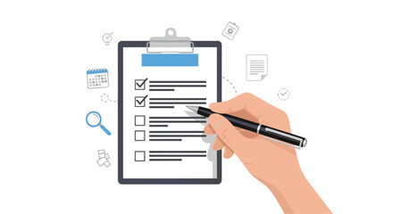Hand with pen marking a checklist on a clipboard, surrounded by icons representing tasks, calendar, magnifying glass, and documents, signifying task manageme...