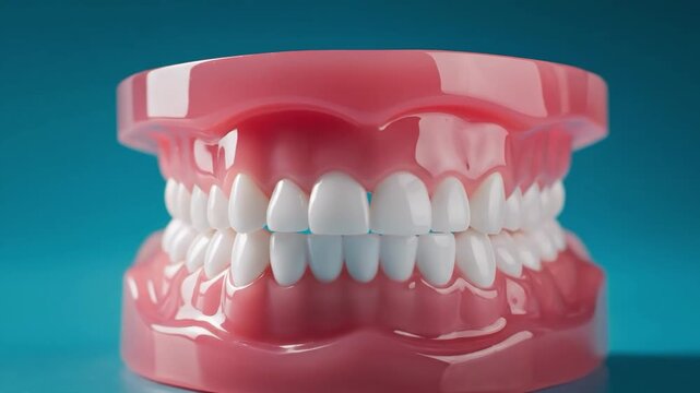 Dental model showing upper and lower dentures with perfect white teeth