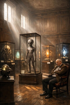 lonely museum docent sitting among frightening displays of alien artifacts