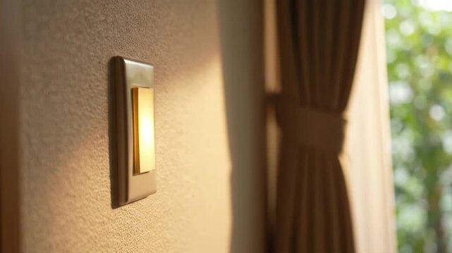 Hand reaching to turn on a light switch indoors during sunset or sunrise