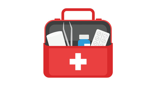 Open First Aid Kit: Contains Essential Medical Supplies Including Tweezers, Bandages, Pills, and Medication Bottles for Immediate Emergency Treatment and Hea...