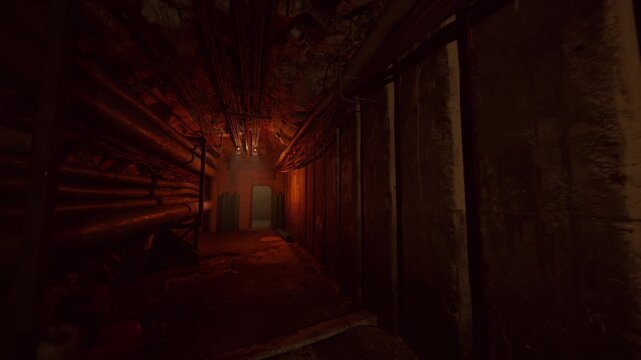 burnt orange bunker passage with corroded walls and ceiling pipes, atmospheric shelter scene with military shelter vibe and heavy texture for concept or game