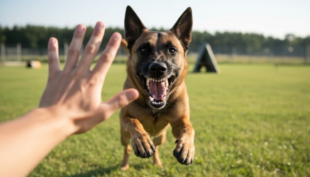 A snarling Malinois lunges forward, teeth bared, toward an outstretched hand on a sunny training field.