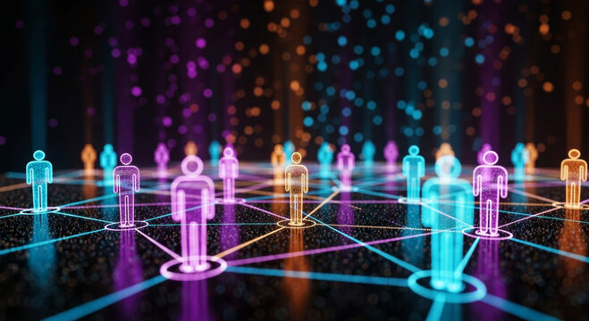 Glowing digital human network connection with neon people icons and web lines on dark background