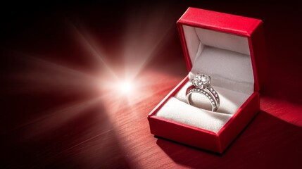 Elegant diamond engagement ring inside a red velvet box with soft light reflection illuminating the stunning jewelry piece, symbolizing love and commitment