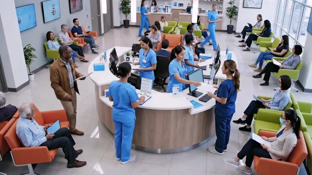 busy hospital reception multiracial staff coordinating nurses in blue scrubs and receptionists at round desk manage steady stream of seated patients in colorful waiting chairs - clinicians