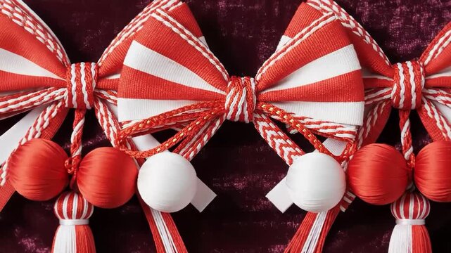 Two red and white striped decorative bows with tassels on velvet