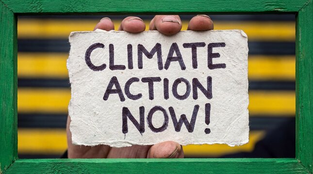 Climate action now, global warming sign, save earth, environment protection, eco protest concept, green nature crisis, sustainability message, stop pollution, handwriting text, recycled paper, ecology