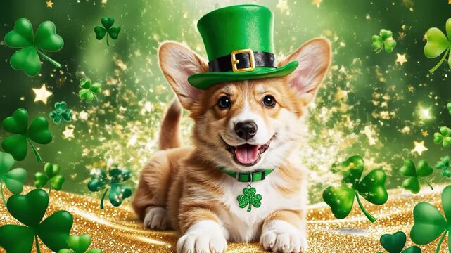 Cute corgi wearing a green leprechaun hat with shamrocks