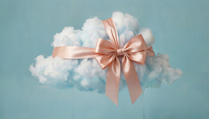 Fluffy white cloud tied with a pink satin ribbon, dreamy gift or weather concept for soft backgrounds