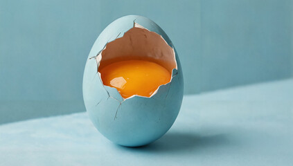 Cracked blue egg revealing a vibrant orange yolk, fresh start and new beginnings concept