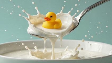 Playful yellow rubber duck swimming in a splash of creamy milk, fun and freshness concept