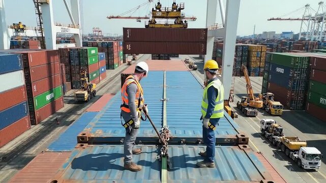 port riggers secure container lashings on ship deck - highvisibility vests and helmets - crane in background - hot sun and stacked containers - teamwork ensuring freight stability
