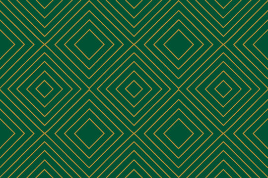 Geometric pattern with green background and golden diamond shapes on display for interior design or textile use