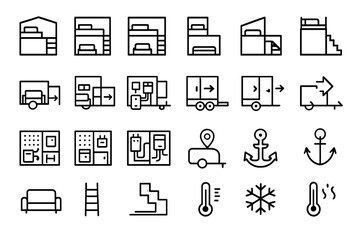 Simple line icons showing various templates for building and moving activities in different layouts