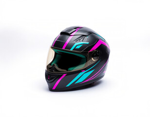 Fototapeta premium Modern Black Motorcycle Helmet with Neon Accents in Perspective View Isolated on White Background