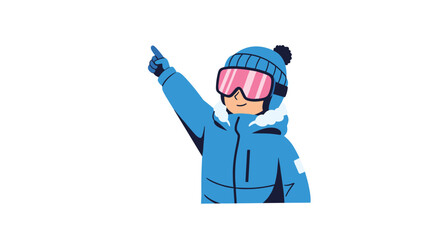 Fototapeta premium Child dressed in blue winter clothing and goggles, pointing upwards, suggesting winter sports, cold weather, or a fun activity.