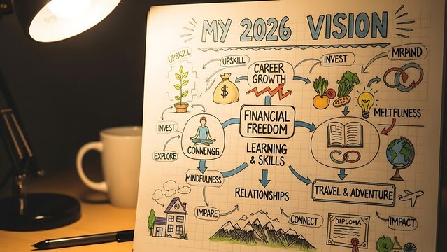 Hand drawn mind map outlining personal goals for 2026 focusing on financial freedom career growth and skill development