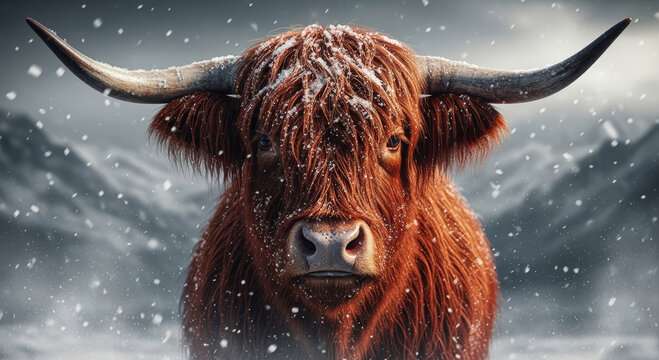 Majestic Red Highland Cow Portrait with Long Horns Standing in a Snowy Winter Mountain Blizzard