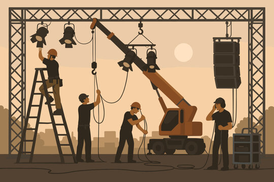 Workers set up stage lights and sound equipment for an evening event in a city with a sunset background