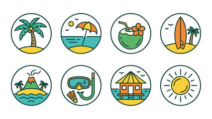 Naklejka premium Set of Eight Tropical Vacation and Summer Holiday Icons Featuring Palm Tree, Beach Umbrella, Coconut Drink, Surfboard, Volcanic Island, Snorkeling Gear, Overwater Bungalow, and Bright Sun Graphic