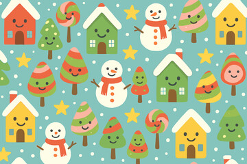 Naklejka premium Colorful holiday scene with houses, trees, snowmen, and candy decorations set on a blue background
