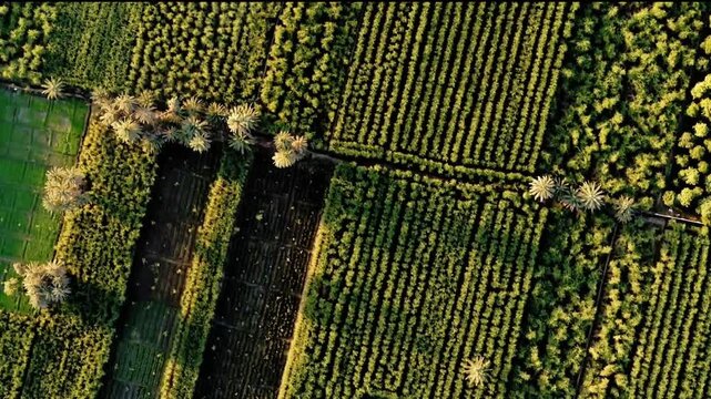 Aerial Top View of Lush Green Agricultural Farmland and Date Palm Trees in Cairo, Egypt&mdash;Bird's Eye View of Rural Egyptian Cultivation Pattern.
