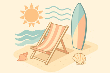 Beach scene with surfboard, deck chair, sun, and seashells showing summer leisure time by the water