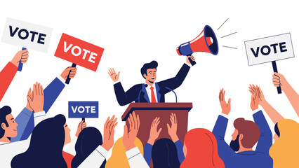 Charismatic politician speaks into a megaphone from a podium while a crowd of supporters holds up signs and cheers for him.