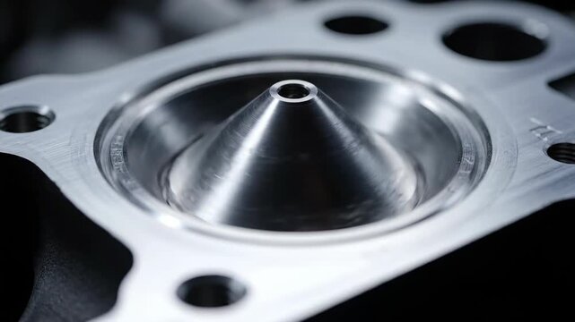 Close-up of polished V12 engine intake valve head with conical seal