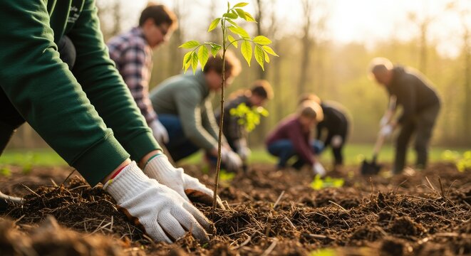 Community Group of Volunteers Planting Trees in a Field at Golden Hour Sunset
