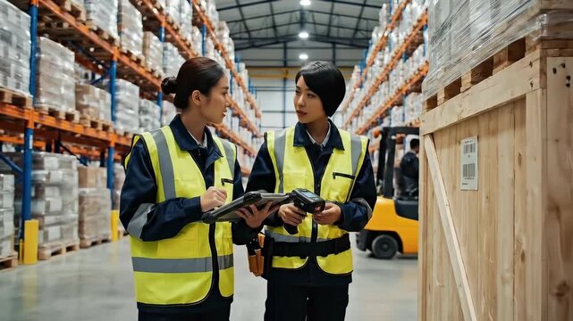 two inspectors scanning wooden crate with laser reader - high shelving backdrop - barcode verification and compliance check - focused teamwork ensuring crate integrity for transport