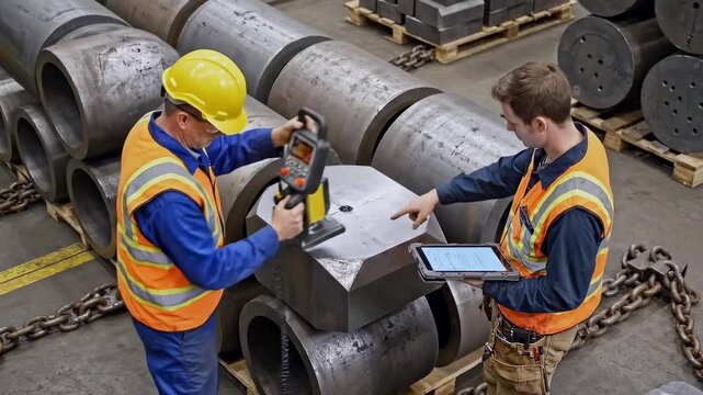 Field evaluation of steel billets with portable devices - Inspection process for steel billets involving ultrasonic testing and handheld hardness measurement tools in industrial setting