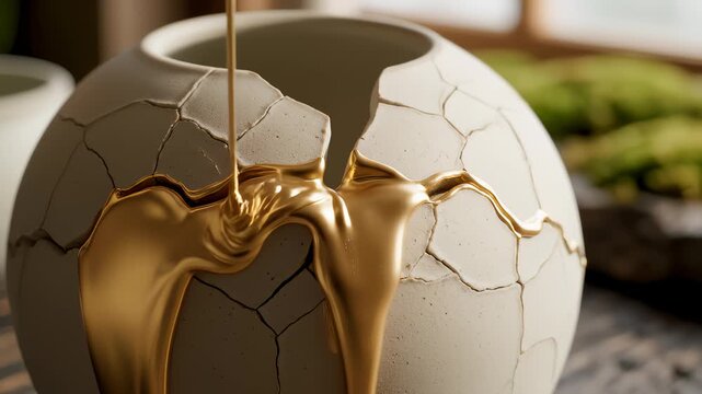 Filling Cracked Pottery With Golden Liquid in Kintsugi Repair Method